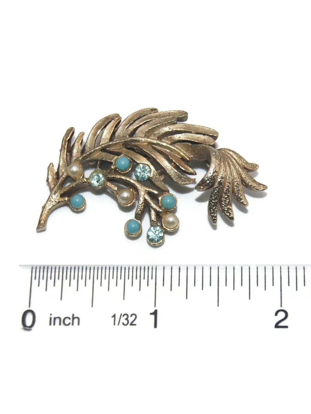VTG Gold Tone Leaf Branch Brooch, Blue Rhinestones, Blue Pearls, White Pearls.